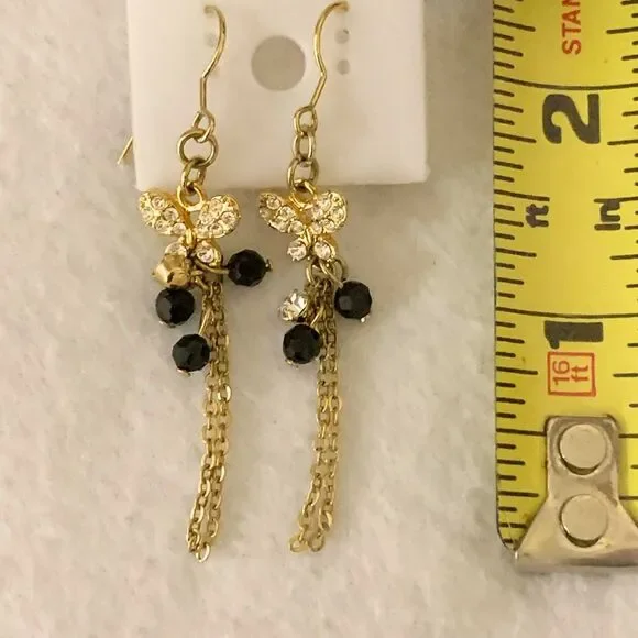 Gold Tone Dangle Earrings with Black Beads and Rhinestone Butterfly - Picture 4 of 4